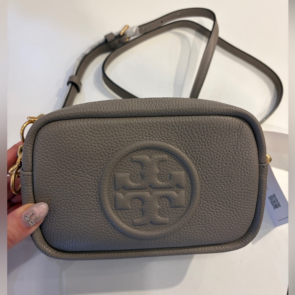 Tory Burch Perry Bombe Mini Bag Leather Crossbody Gray Heron